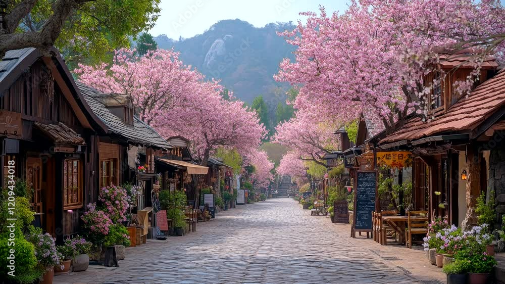 Scenic street lined with cherry blossoms and traditional houses on a sunny day, seamless looping 4k time-lapse animation video background. Spring concept Scenic street lined with cherry blossoms and traditional houses on a sunny day, seamless looping 4k time-lapse animation video background. Spring concept