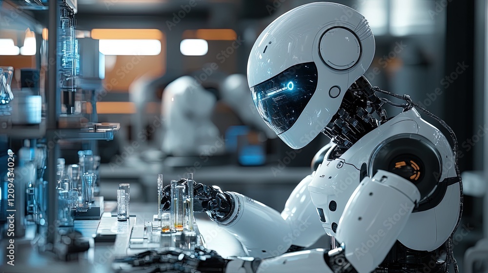 Modern robot assisting a scientist in a high-tech laboratory, advanced and futuristic Modern robot assisting a scientist in a high-tech laboratory, advanced and futuristic