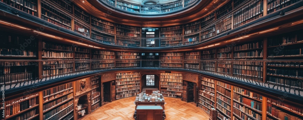 Naklejka premium A majestic library with bookshelves that contain hidden portals to other worlds.
