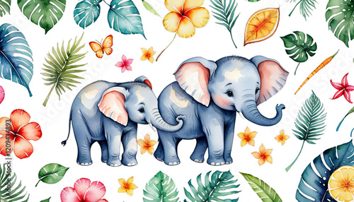 Obraz na płótnie set watercolor cute animals invitations s elephants olated cards children background tropical elephant valentine holiday invitation colours drawn adorable africa animal w salonie