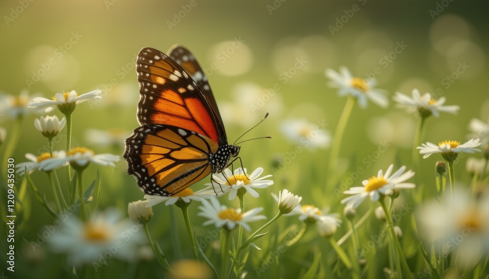 Orange butterfly perched on daisies in a meadow Orange butterfly perched on daisies in a meadow