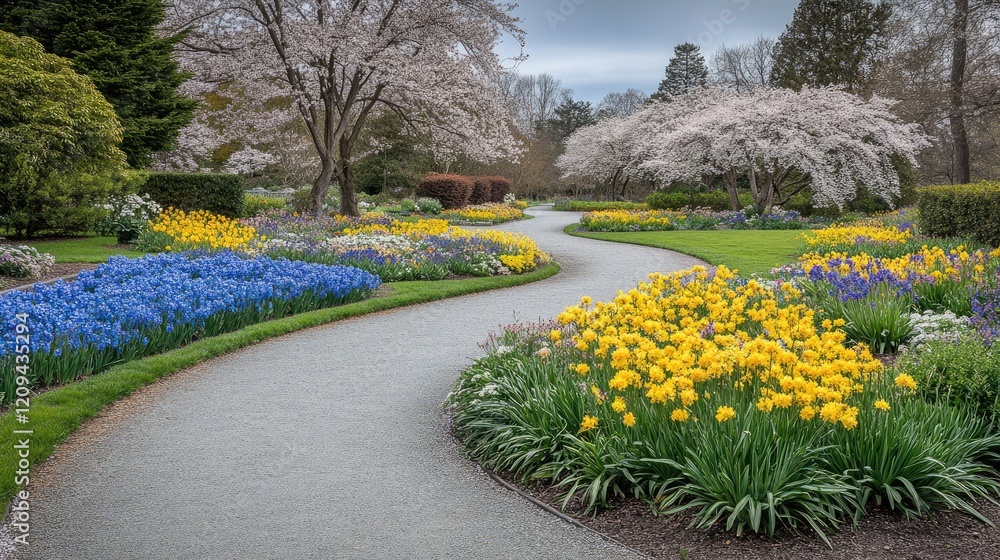 Obraz premium Spring garden path, curving walkway, blooming flowers, cherry trees, landscape design, nature scene