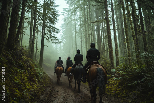 Group of horseback riders journeying through a misty forest trail, surrounded by tall trees and lush greenery in a serene atmosphere.  
 photo