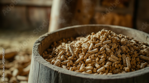 Close-up of a wooden bucket filled with animal feed pellets in a rustic farm setting, emphasizing natural livestock nutrition.  
 photo