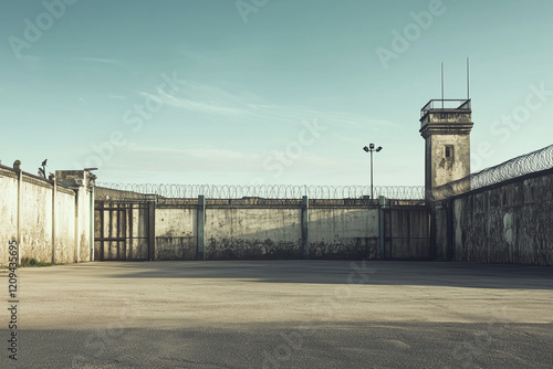 An empty prison yard surrounded by high concrete walls topped with barbed wire, featuring a watchtower under a clear sky.  
