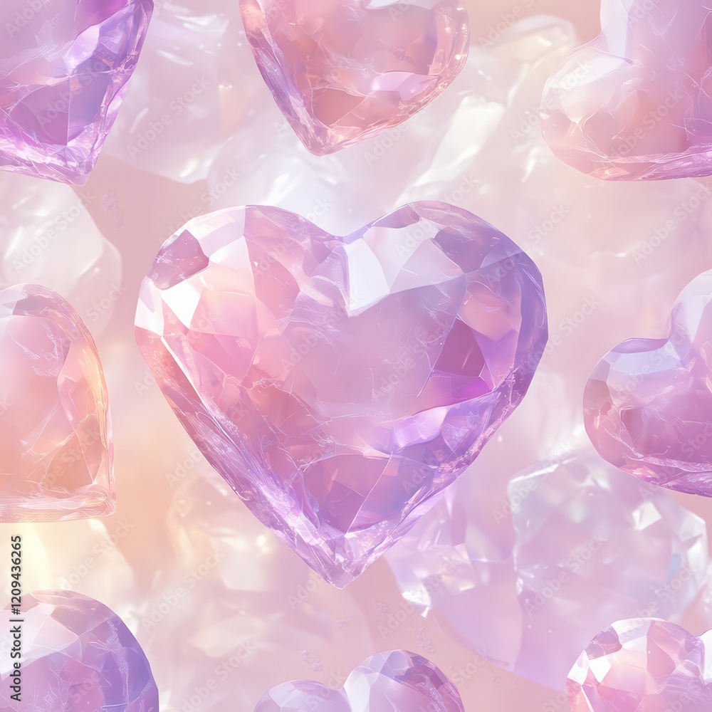Crystal Hearts: A captivating arrangement of iridescent crystal hearts in delicate shades of pink and purple, with soft light filtering through the surfaces. The image exudes romance, love. Crystal Hearts: A captivating arrangement of iridescent crystal hearts in delicate shades of pink and purple, with soft light filtering through the surfaces. The image exudes romance, love.