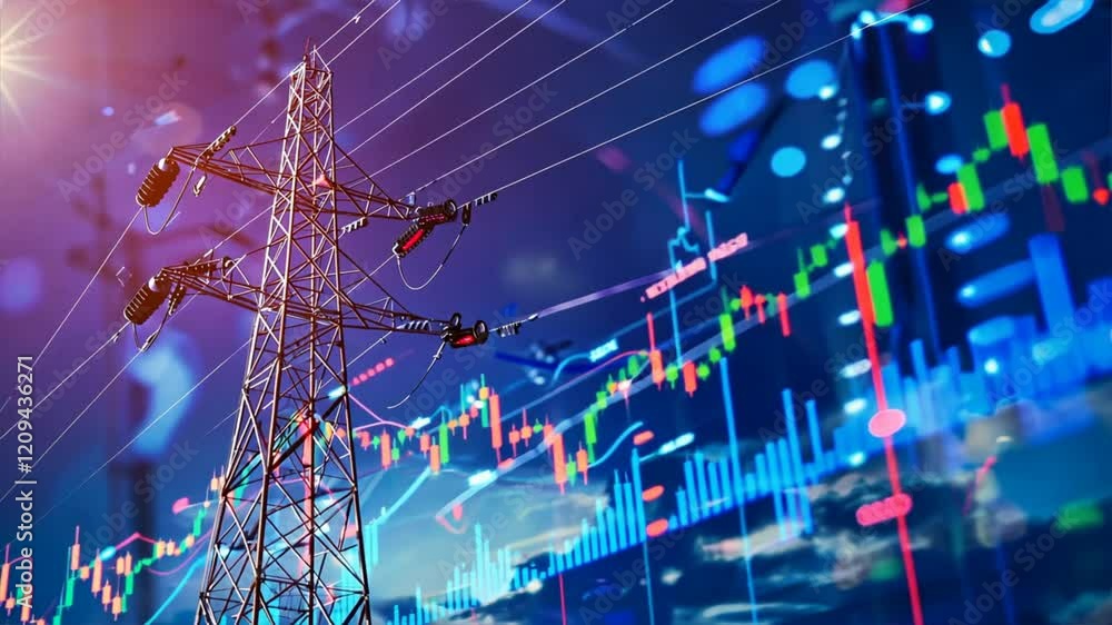 Electricity Tower and Stock Market Data Analyzing Energy Investment Growth and Financial Trends in Energy Sector Electricity Tower and Stock Market Data Analyzing Energy Investment Growth and Financial Trends in Energy Sector