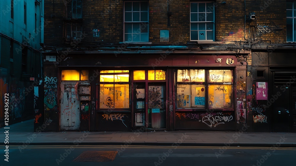 Urban Shopfront Illuminated At Night Showing Graffiti Urban Shopfront Illuminated At Night Showing Graffiti
