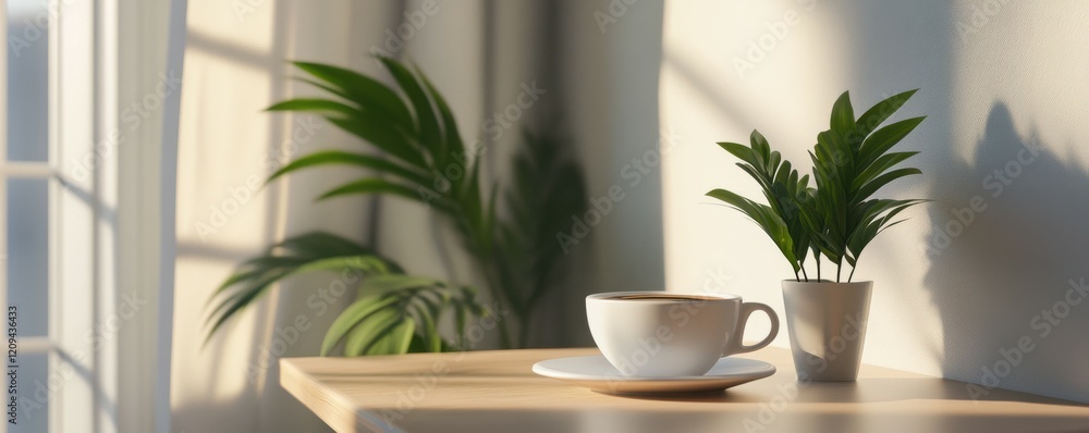 Fototapeta premium Minimalist workspace with a cup of coffee, potted plant, and clean design.