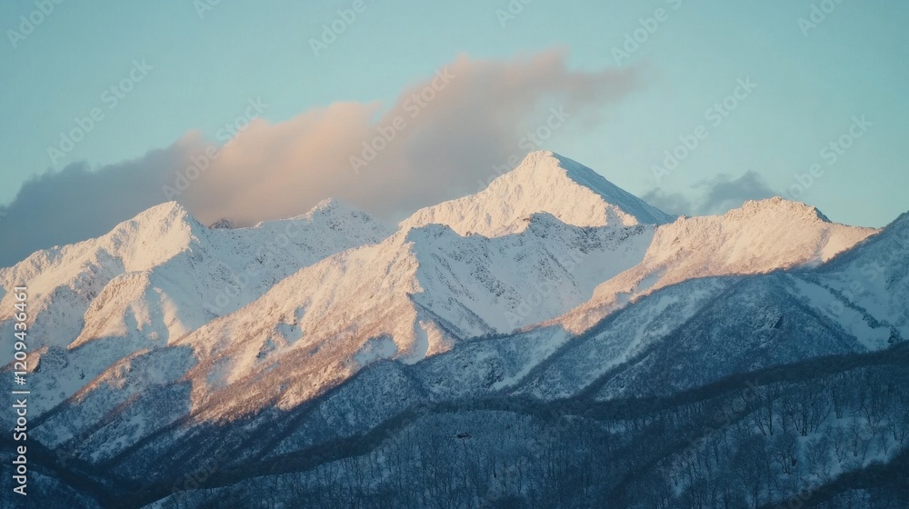 Fototapeta premium Snow-capped mountains under a serene blue sky during the golden hour.