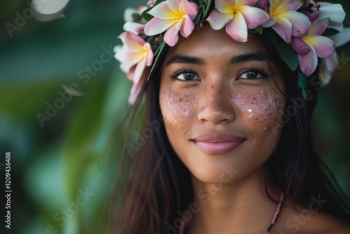 A Micronesian womans with cosmetic skin accessories hairstyle