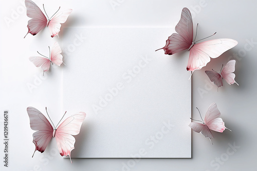 White blank invitation card and pink butterflies on a white background