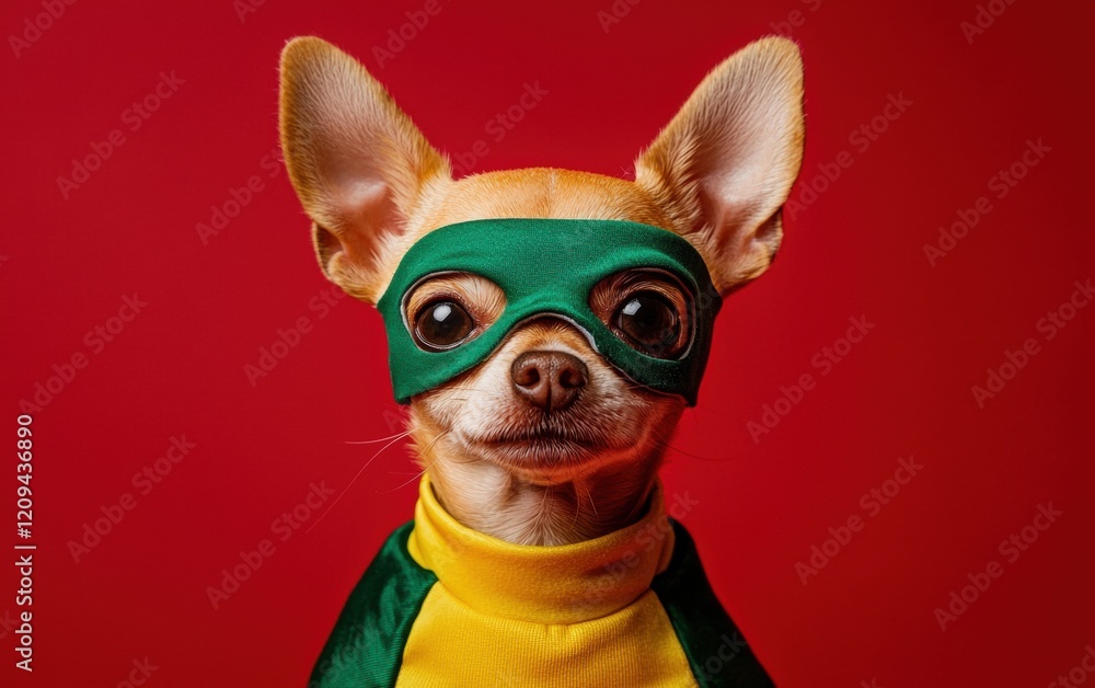 A tiny chihuahua dressed as a superhero in a green and yellow outfit with a miniature mask, standing on a bold red backdrop A tiny chihuahua dressed as a superhero in a green and yellow outfit with a miniature mask, standing on a bold red backdrop