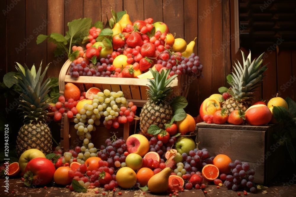 Variety of colorful fruits spilling from wooden crates, creating a vibrant and abundant still life against a rustic wooden backdrop Variety of colorful fruits spilling from wooden crates, creating a vibrant and abundant still life against a rustic wooden backdrop