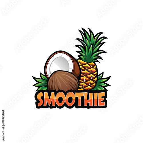 Design a logo for a tropical fruit company featuring a coconut with a pineapple pin, symbolizing freshness and exotic flavors.