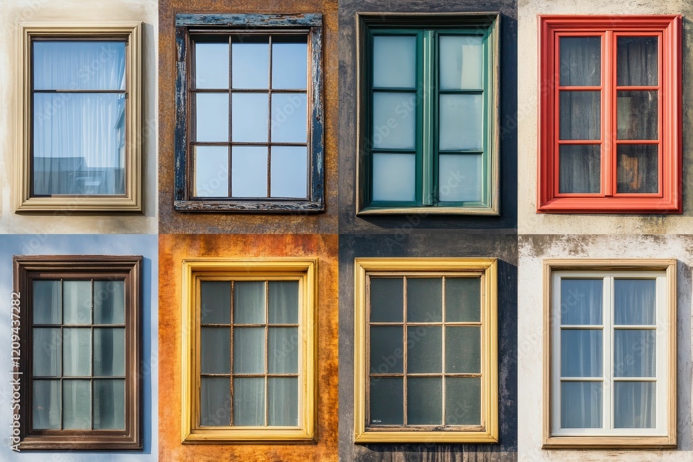 Fototapeta premium Multicolored windows, various frames, building facade.