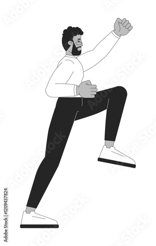 Black businessman climbing with optimistic determination black and white 2D line character. Career ambition. Professional man isolated vector outline person. Monochromatic spot illustration