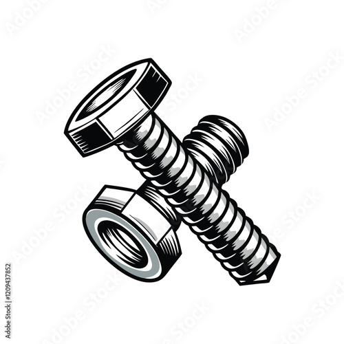 A minimalist illustration of a metallic bolt and nut overlapping, creating a sense of depth and industrial aesthetic.