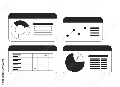 Business dashboard with pie charts and graphs black and white 2D line objects set. Data analysis, analytics reports isolated clip arts vector outline items collection. Monochrome spot illustrations