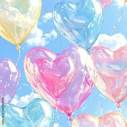 Heartfelt Balloons in Sky:  Pastel-colored heart shaped balloons float effortlessly against a bright blue sky. Their transparent forms and ethereal glow evoke feelings of love, joy, and innocence.  