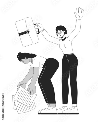 Disorganized employees diverse female black and white 2D line characters. Businesswoman picking papers, business woman holding briefcase isolated vector outline people. Monochromatic spot illustration