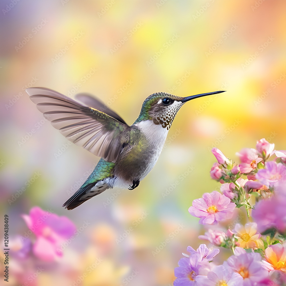 Hummingbird in Flight: A vibrant hummingbird hovers mid-air, wings beating rapidly, against a backdrop of blooming pink and yellow flowers. The sunlight creates a soft glow. Hummingbird in Flight: A vibrant hummingbird hovers mid-air, wings beating rapidly, against a backdrop of blooming pink and yellow flowers. The sunlight creates a soft glow.