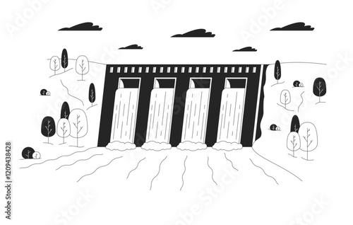 Hydroelectric dam with flowing water amid hills linear illustration. Hydro power. Renewable energy. Sustainable infrastructure 2D line scene isolated on white. Monochrome vector outline image