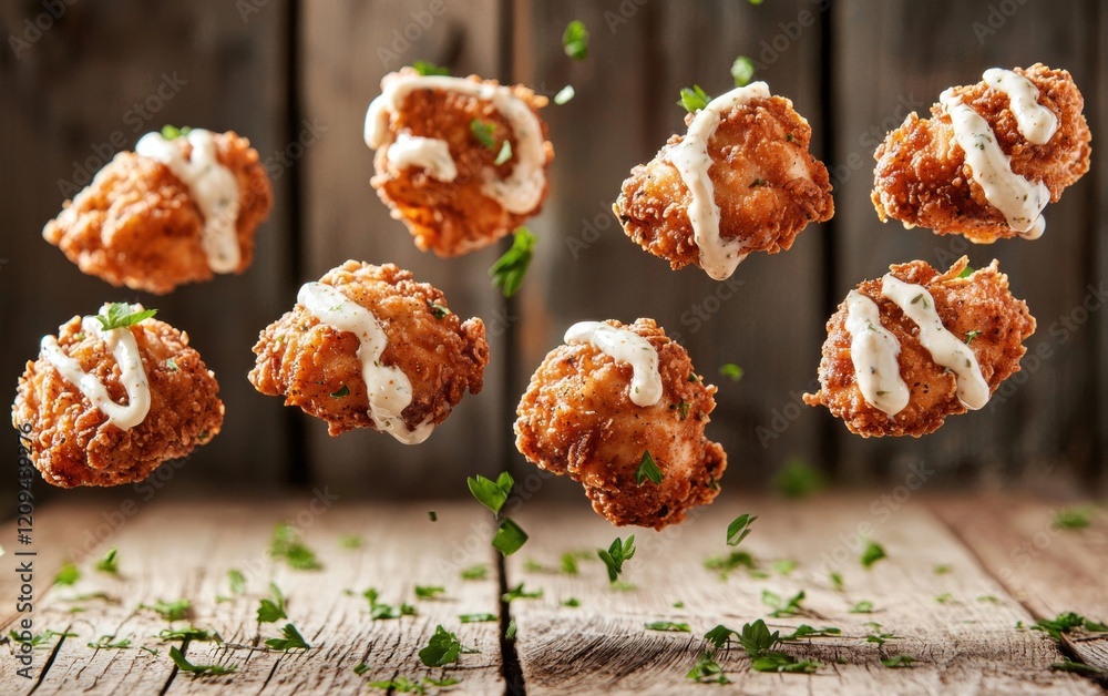 Crispy fried chicken bites with creamy garlic parmesan drizzle, flying on a rustic wooden background Crispy fried chicken bites with creamy garlic parmesan drizzle, flying on a rustic wooden background