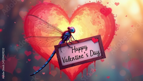 Festive Dragonfly Perches on Heart-Shaped Sign for Valentine's Day