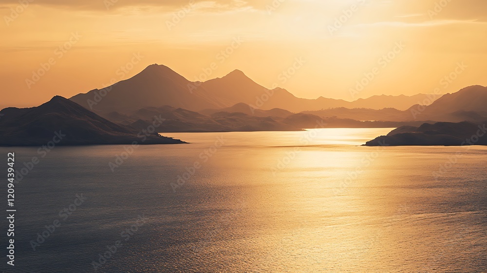 Golden Sunset Over Volcanic Islands And Calm Ocean Water Golden Sunset Over Volcanic Islands And Calm Ocean Water