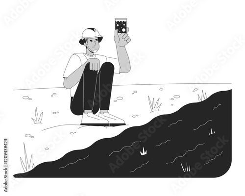 Field worker testing river water quality linear illustration. Fieldwork. Environmental scientist water contamination sample 2D line character isolated on white. Monochrome vector outline image