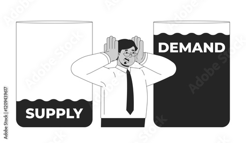 Water supply and demand crisis black and white 2D illustration concept. Resource scarcity issue. Professional man stressed about imbalance outline character isolated. Metaphor monochrome vector art