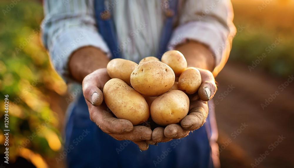 Close up of a farmer showing his hands full of fresh potatoes Close up of a farmer showing his hands full of fresh potatoes