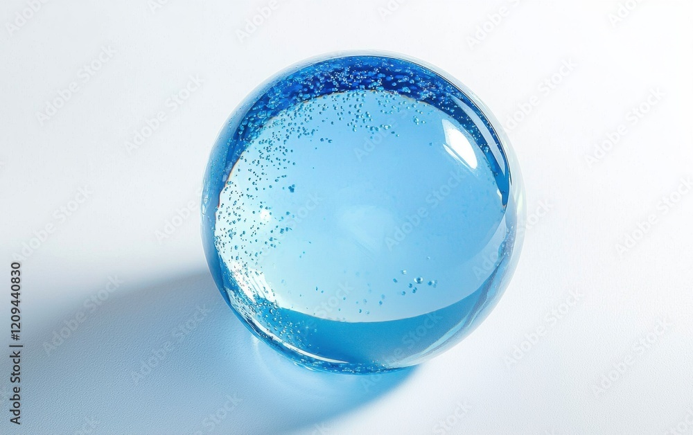 Crystal-clear blue water bubbles floating in mid-air against a bright white background Crystal-clear blue water bubbles floating in mid-air against a bright white background