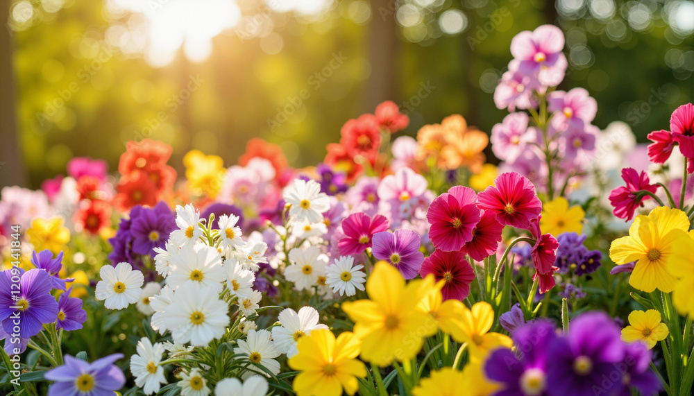 Vibrant flower bed in sunlight, nature's colorful beauty Vibrant flower bed in sunlight, nature's colorful beauty