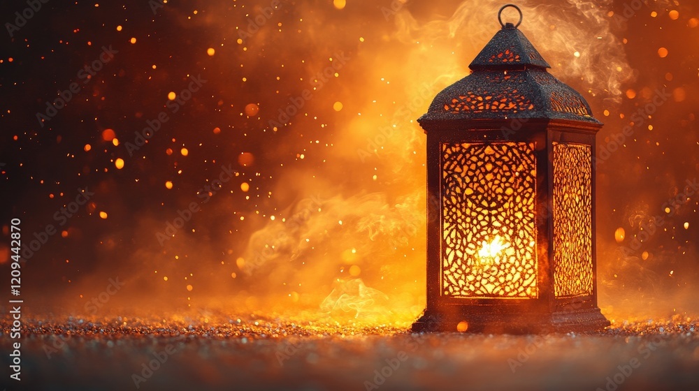 A Beautifully Intricate Lantern Glowing in Warm Orange Light, Surrounded by Sparkling Dust Particles and a Dreamy Atmosphere at Dusk A Beautifully Intricate Lantern Glowing in Warm Orange Light, Surrounded by Sparkling Dust Particles and a Dreamy Atmosphere at Dusk