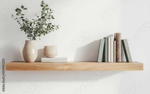 Floating wooden shelf in a Scandinavian interior, styled with minimalist ceramic vases, books, and a small potted plant, against a white wall
