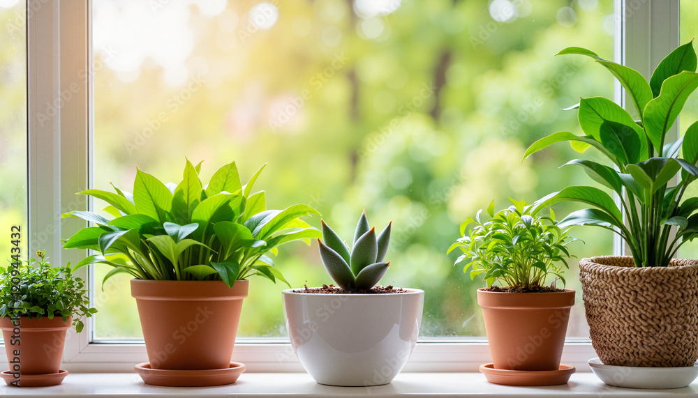 Lush plant pots arranged by sunny window, serene ambiance Lush plant pots arranged by sunny window, serene ambiance