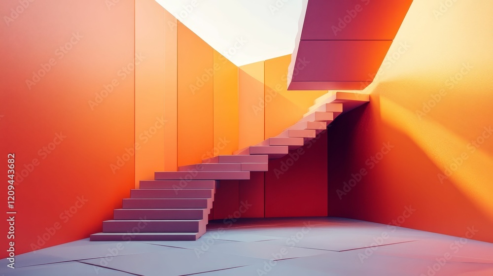 Obraz premium Abstract staircase ascends orange walls, modern interior.