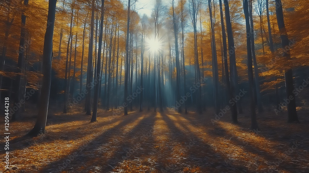 Naklejka premium Sunbeams pierce misty autumn forest.