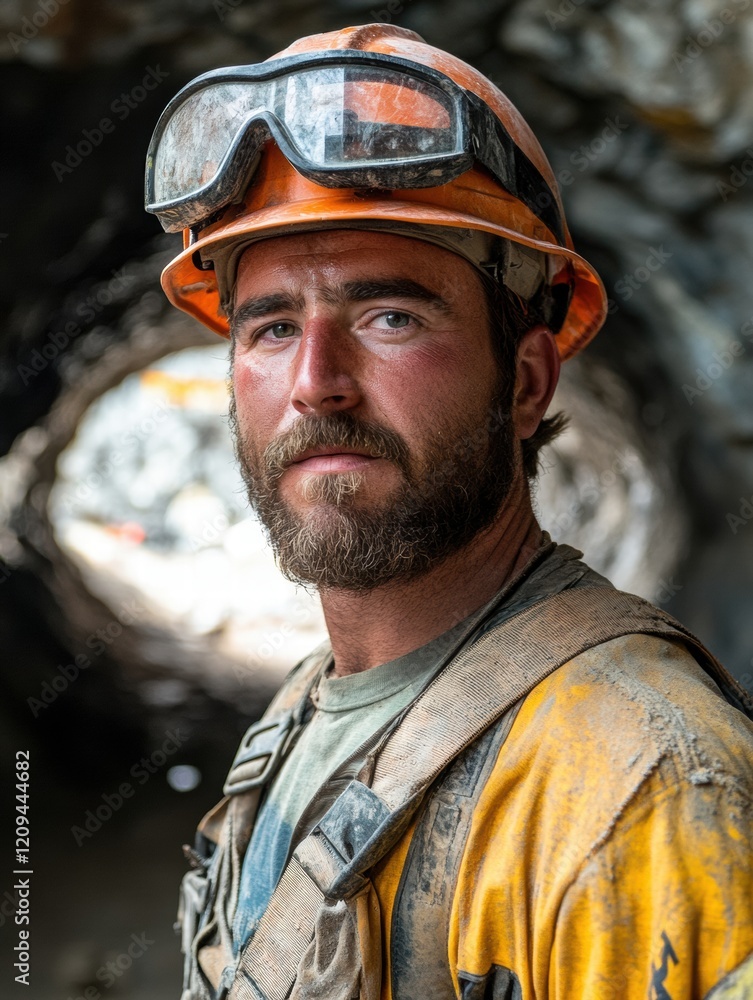 A man with a beard and goggles is wearing an orange hard hat A man with a beard and goggles is wearing an orange hard hat