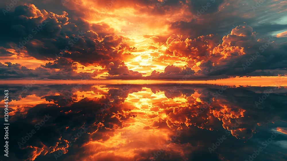 Fototapeta premium Fiery Sunset Clouds Reflected in Calm Ocean Waters