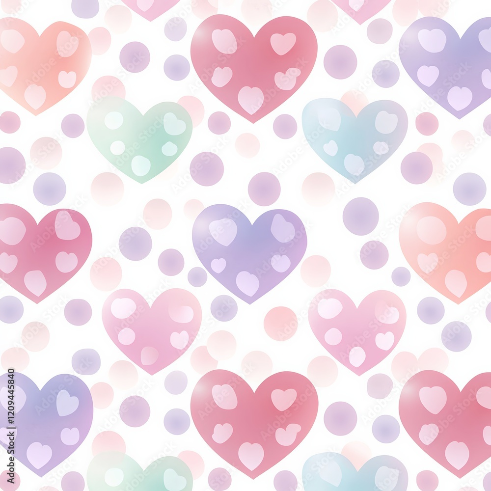 Whimsical Watercolor Hearts and Dots: A delicate pattern of pastel hearts and dots dance across a soft background, evoking feelings of love, joy, and innocence. Perfect for Valentine's Day. Whimsical Watercolor Hearts and Dots: A delicate pattern of pastel hearts and dots dance across a soft background, evoking feelings of love, joy, and innocence. Perfect for Valentine's Day.
