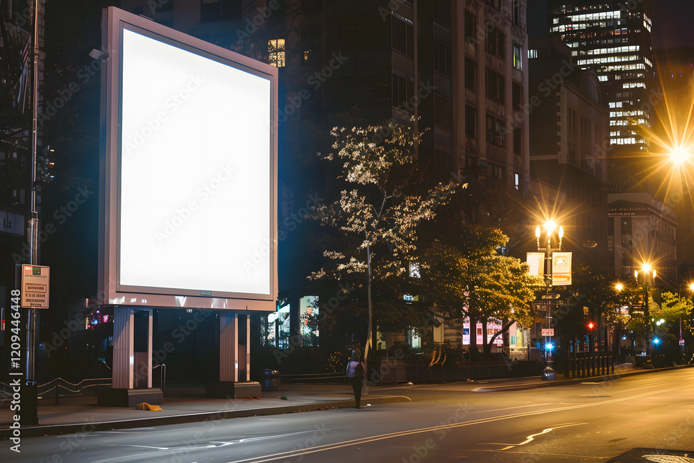 Blank white vertical digital billboard poster on a city street at night, illuminated by streetlights, surrounded by urban scenery, showcasing its reflective surface, sharp contrasts, a. Generative Ai. Blank white vertical digital billboard poster on a city street at night, illuminated by streetlights, surrounded by urban scenery, showcasing its reflective surface, sharp contrasts, a. Generative Ai.