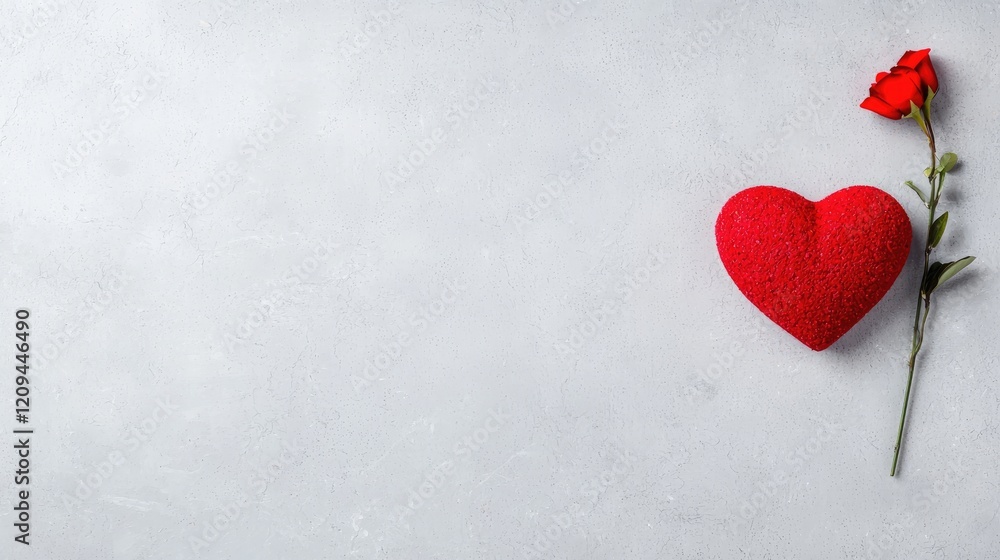 Red heart and rose on grey background; Valentine's Day concept Red heart and rose on grey background; Valentine's Day concept