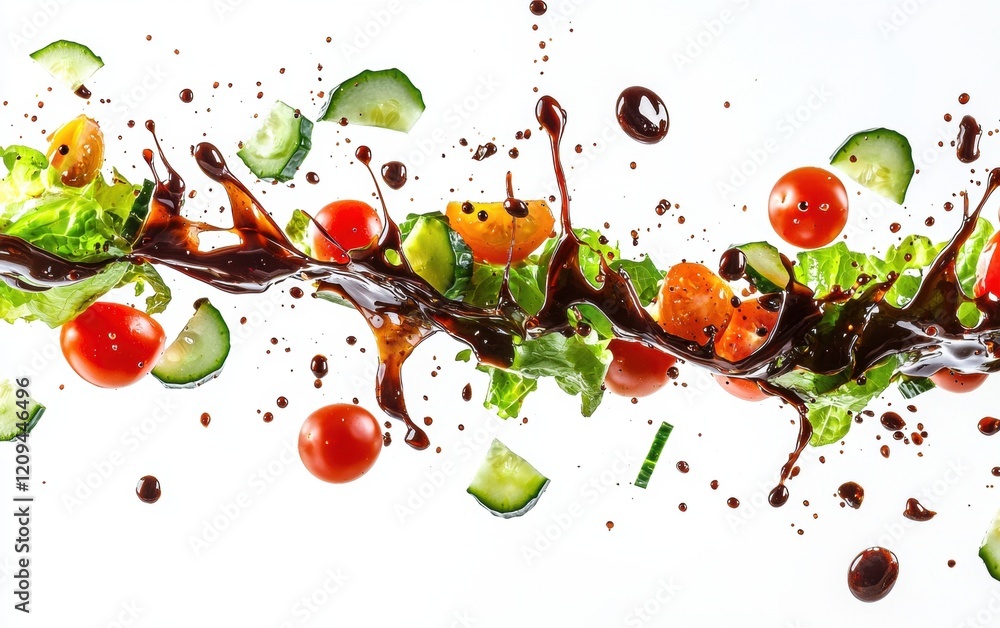Fresh vegetable salad with juicy cherry tomatoes, crisp lettuce, and cucumber slices flying mid-air, balsamic dressing splashing dynamically, bright white background Fresh vegetable salad with juicy cherry tomatoes, crisp lettuce, and cucumber slices flying mid-air, balsamic dressing splashing dynamically, bright white background
