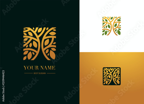 Elegant Tree Logo in Square Shape. Green and Gold Stylized Design with Text, Adaptive emblem