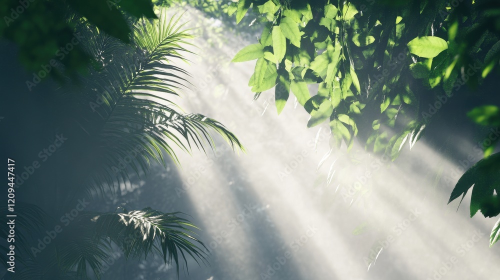 Naklejka premium Sunlight filters through lush greenery in a serene forest setting.
