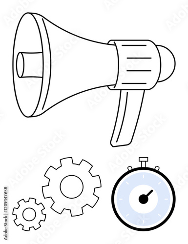 Megaphone three gears and stopwatch convey communication, productivity, and time efficiency. Ideal for business strategies, leadership, project management, teamwork, urgency, engineering