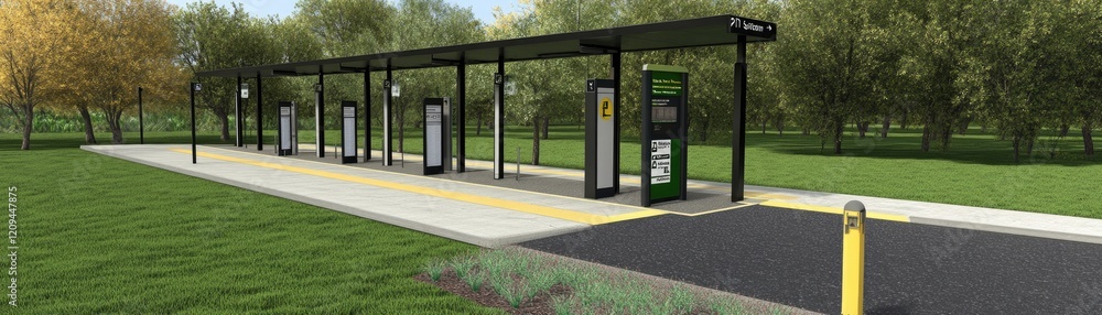 Fototapeta premium Modern bus stop design, park setting, green background, transport